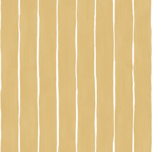 Tapeta Cole and Son Marquee Stripe w kolorze białym i musztardowym, ukazująca poziome, szerokie paski w ciepłej tonacji. Produkt przedstawiony na jednolitym tle, zbliżenie na wzór, wyraźnie ukazujące teksturę powierzchni i kontrastujące linie.