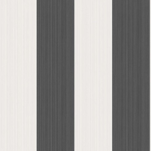 Tapeta Cole and Son Jaspe Stripe w kolorze białym i czarnym, z regularnymi pionowymi pasami. Pasma mają delikatną teksturę, a ich układ tworzy elegancki wzór, idealny do nowoczesnych wnętrz.