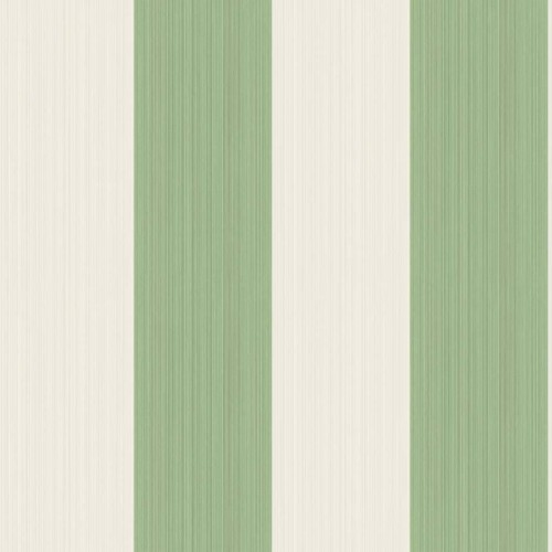 Tapeta Cole and Son Jaspe Stripe w kolorze białym i zielonym, z regularnymi, pionowymi pasami. Pasy mają delikatną teksturę, a ich szerokość jest równa. Idealna do aranżacji wnętrz, na jasnym tle.