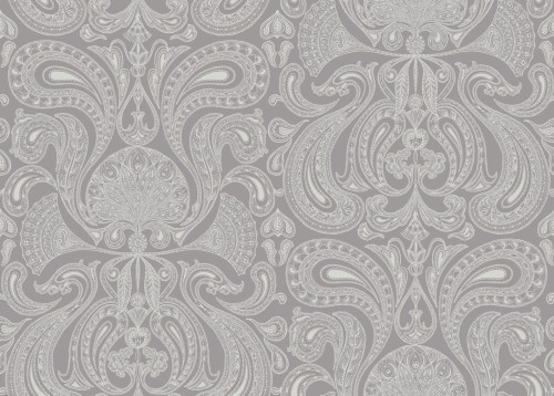 Tapeta Cole and Son Malabar w kolorze szarym i srebrnym, z bogatym wzorem w stylu paisley. Motyw zawiera finezyjne detale i spirale na jednolitym tle, tworząc elegancki efekt. Idealna do aranżacji wnętrz.