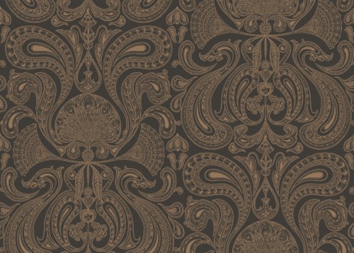 Tapeta Cole and Son Malabar w odcieniach brązu i miedzi, z eleganckim, bogatym wzorem roślinnym. Tło w kolorze czarnym, wzór złożony z falistych linii, liści oraz ornamentów, tworzy luksusowy efekt. Idealna do aranżacji wnętrz.