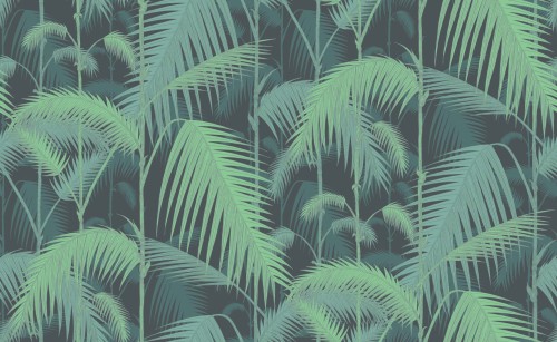 Tapeta Cole and Son Palm Jungle w kolorze emerald i navy, przedstawiająca liście palmowe w odcieniach zieleni na ciemnoniebieskim tle. Wzór o drobnych detalach, z liśćmi o teksturowanej fakturze, rozmieszczonymi gęsto w całej kompozycji.