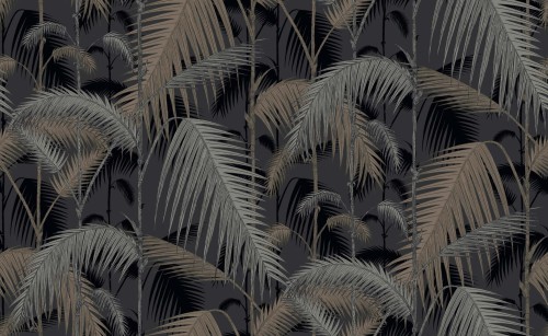 Tapeta Cole and Son Palm Jungle w odcieniach złota, srebra i szarości, z motywem palm. Rośliny rozmieszczone na ciemnym tle, z wyraźnymi detalami liści i gałęzi. Wzór idealny do eleganckich wnętrz, w układzie powtarzającym się.