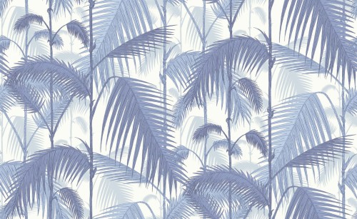 Tapeta Cole and Son Palm Jungle w kolorze niebieskim i białym, z motywem palmowych liści w różnych odcieniach niebieskiego, na jasnym tle. Wzór przedstawia gęste rośliny tropikalne, tworząc efekt dżungli.
