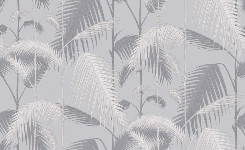 Tapeta Cole and Son Palm Jungle w odcieniach szarości i srebra, przedstawiająca motyw palm. Liście palmy o różnych kształtach i teksturach, na jednolitym, jasnoszarym tle. Wzór ukazuje naturalny, tropikalny klimat, idealny do nowoczesnych wnętrz.
