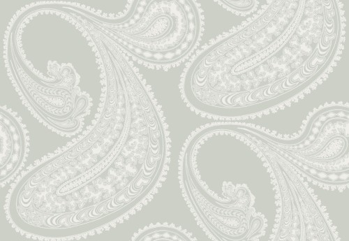 Tapeta w kolorze białym i delikatnym oliwkowym z wzorem paisley. Motyw zawiera finezyjne, kręte kształty z detalami, na tle o stonowanej barwie. Układ wzoru jest symetryczny, tworząc elegancki efekt wizualny.