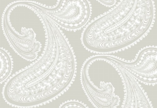 Tapeta Cole and Son Rajapur Chalk/Beige w stylowym, paisley wzorze w odcieniach beżowym i białym. Ułożona na płasko, ukazuje delikatne detale wzdłuż linii i fal. Tło jest jednolite, co podkreśla wzór, idealna do eleganckiej aranżacji wnętrz.