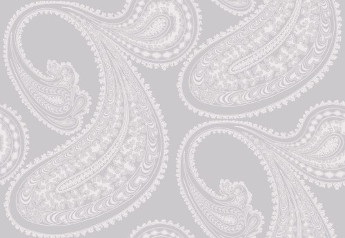 Tapeta Cole and Son Rajapur w odcieniach Chalk i Heath Grey. Wzór paisley w jasnoszarym i białym kolorze, z delikatnymi detalami i falistymi kształtami. Tapeta ma gładką teksturę, idealna do eleganckich wnętrz.