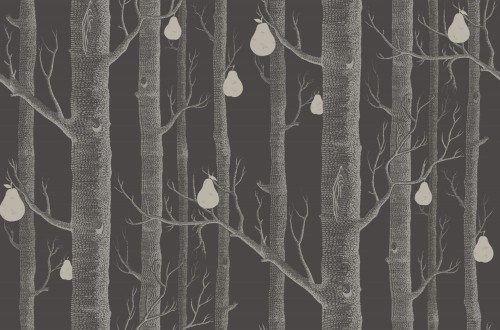 Tapeta Cole and Son Woods & Pears w bieli, charcoal i srebrze z wzorem drzew i gruszek na jednolitym tle, o wyraźnym kontraście między ciemnym tłem a jasnymi elementami.