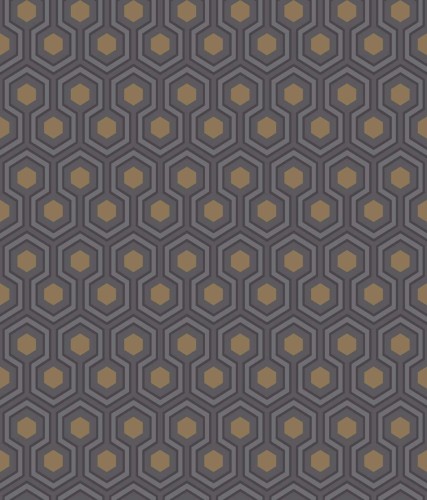 Tapeta Cole and Son Hicks' Hexagon w odcieniach szarości, złota i węgla, z geometrycznym wzorem heksagonalnym. Wzór składa się z przylegających heksagonów z centralnymi złotymi elementami, na ciemnym tle.