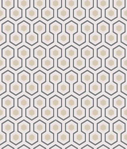 Tapeta Cole and Son Hicks' Hexagon w odcieniach beżu, złota i charcoal, przedstawiająca wzór heksagonalny z wyraźnym konturem, układającym się w regularny, powtarzalny motyw. Idealna do nowoczesnych aranżacji wnętrz.