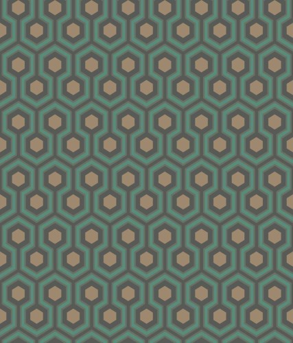 Tapeta Cole and Son Hicks' Hexagon w kolorze teal, brązowym i czarnym, z geometrycznym wzorem heksagonalnym. Widoczny zestaw heksagonów z kremowym akcentem, na jednolitym tle. Optymalna do zastosowania w aranżacjach wnętrz.