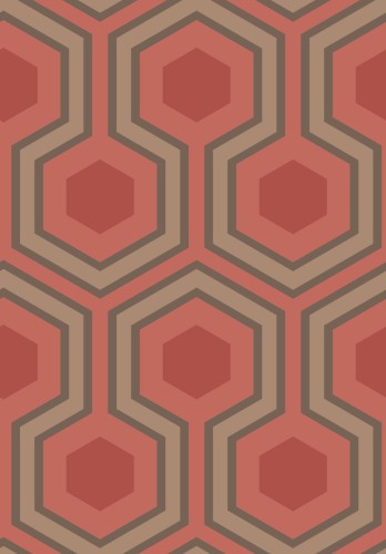 Tapeta w odcieniach czerwieni, brązu i różu, z geometrycznym wzorem sześciokątów, zakomponowanym na gładkim tle. Wzór charakteryzuje się wyraźnymi konturami, co nadaje mu trójwymiarowy efekt. Idealna do nowoczesnych aranżacji wnętrz.