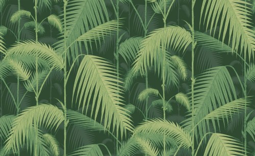 Tapeta Cole and Son Palm Jungle w odcieniach zieleni i limonki. Wzór przedstawia realistyczne liście palmowe na ciemnozielonym tle, z widocznymi detalami tekstury i układu roślin. Idealna do aranżacji wnętrz w stylu tropikalnym.
