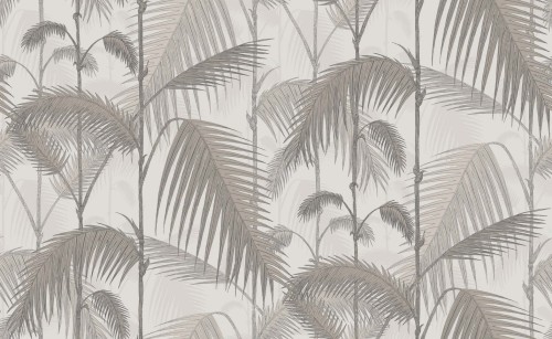 Tapeta Cole and Son Palm Jungle w odcieniach taupe i jasnoszarym, przedstawiająca wzór palmowych liści na neutralnym tle. Roślinne motywy układają się w uporządkowaną kompozycję, tworząc subtelny, tropikalny klimat.