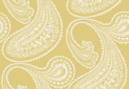 Tapeta Cole and Son Rajapur Flock, biało-żółta, wzór paisley z delikatnymi liniami i jasnym zdobieniem na ciepłym tle. Idealna do eleganckich wnętrz, prezentowana na jednolitym tle.
