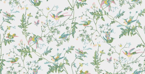 Tapeta Cole and Son Hummingbirds Viridian Multi w kolorze pastelowego zieleni i różu, przedstawiająca wzór z ptakami i kwiatami na jasnym tle. Widok frontalny, z delikatnymi detalami gałęzi, kwiatów i kolorowych ptaków w różnych pozach.