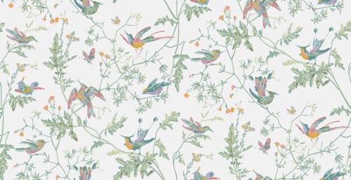 Tapeta Cole and Son Hummingbirds Pastel Multi w pastelowych odcieniach przedstawia kolorowe kolibry unoszące się wśród delikatnych roślin i kwiatów. Wzór o lekko rozmytym tle, z motywami zieleni, różu i niebieskiego, tworzy subtelną, naturalną aranżację.