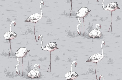 Tapeta Cole and Son Flamingos w kolorze białym i szarym. Wzór z różowymi flamingami w różnych pozach, na tle w stonowanym szarym odcieniu. Widoczne detale ptaków i roślinności, w aranżacji na jednolitym tle. Idealna do dekoracji wnętrz.