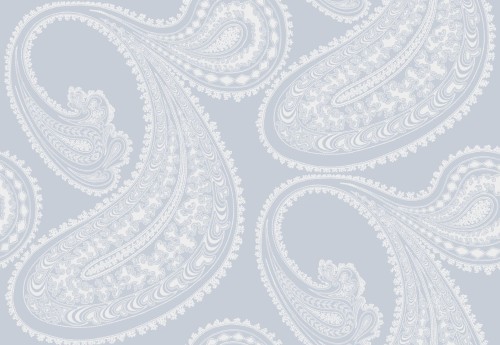Tapeta Cole and Son Rajapur w odcieniu białym i błękitnym z motywem paisley. Wzór złożony z finezyjnych, falistych kształtów i detali, prezentujący subtelną teksturę. Ukazany na jednolitym tle w stonowanych kolorach.