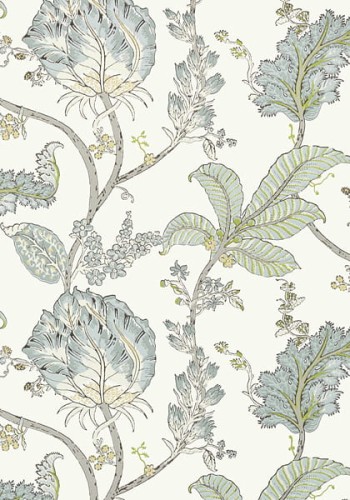 Tapeta Thibaut Anna French KALAMKARI VINE w odcieniach żółtego i aqua. Wzór przedstawia delikatne, stylizowane liście oraz kwiaty na jasnym tle, z detalami w odcieniach niebieskiego i zielonego. Idealna do eleganckich wnętrz.