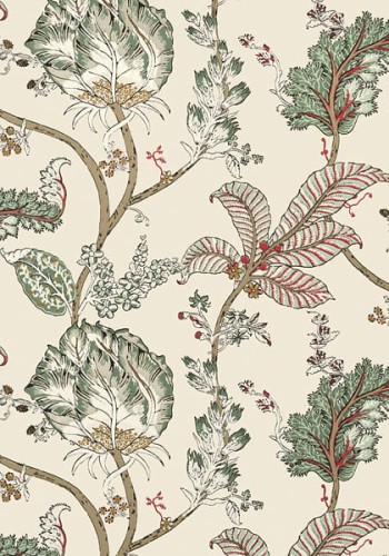 Tapeta Thibaut Anna French KALAMKARI VINE z czerwono-złotym roślinnym wzorem na jasnym tle, matowa, bez napisów, ukazuje liście i gałęzie z frontu. Idealna do dekoracji wnętrz.