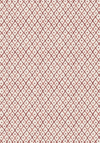 Tapeta Thibaut Anna French MINI TRELLIS w czerwonym wzorze na białym tle. Obejmuje regularny, romboidalny układ z drobnymi kropkami pośrodku. Przedstawiona płasko, z wyraźnym rysunkiem, idealna do wystroju wnętrz.