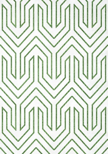 Tapeta Thibaut Anna French COLBURN CHEVRON w zielony chevron na białym tle. Wzór w formie zygzaków, z wyraźnymi, równymi liniami. Widok frontalny, ukazujący pełny design tapety, bez dodatkowych detali czy akcesoriów w tle.