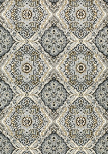 Tapeta Thibaut Anna French w kolorze charcoal i lnianym, z geometrycznym wzorem w odcieniach szarości, beżu i złota. Wzór składa się z owalnych i kwiatowych motywów, tworząc elegancką, symetryczną kompozycję na jasnym tle.