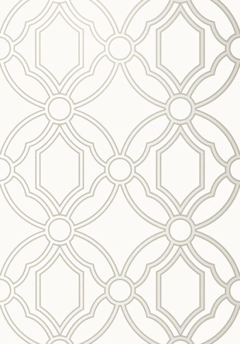 Tapeta Thibaut Anna French ROSCOE Pearl w kolorze perłowym, z delikatnym wzorem geometrycznym. Motyw składa się z owalnych i prostokątnych kształtów, tworzących elegancką kompozycję na jasnym tle.