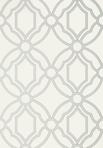 Tapeta Thibaut Anna French ROSCOE w odcieniu szarości, z geometrycznym wzorem w formie połączonych owalnych i prostokątnych elementów, na jasnym tle. Wzór nadaje elegancki charakter przestrzeni.