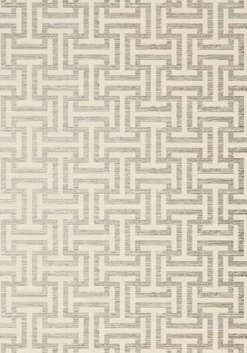 Tapeta Thibaut Anna French RYMANN Pearl on Linen w jasnym odcieniu perłowym, z delikatnym, geometrycznym wzorem w postaci przeplatających się linii. Materiał przypomina lnianą fakturę, co dodaje elegancji i lekkości aranżacji.
