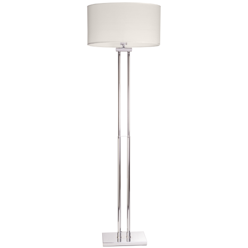 Lampa podłogowa Bella w chromowanym wykończeniu, z białym abażurem. Prosta, smukła konstrukcja z dwoma metalowymi nogami na prostokątnej podstawie. Wymiary: 47x21x150 cm. Ustawiona w pionie, na jednolitym tle.