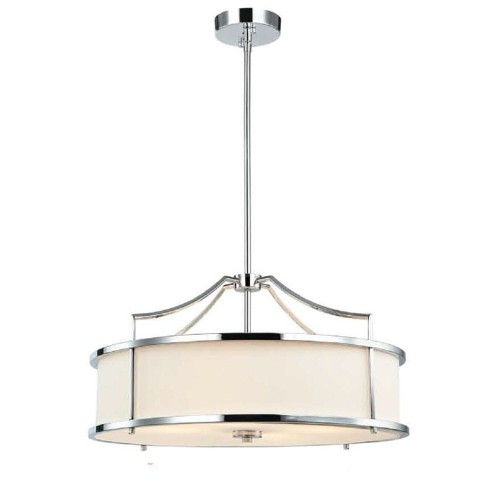 Lampa sufitowa wisząca Stanza Cromo, okrągła, z chromowanego metalu i białego materiału, na regulowanym kablu. Wymiary: 55x25 cm. Frontalne ujęcie na białym tle z detalami konstrukcji.