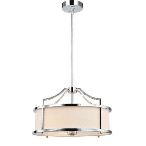 Wisząca lampa Stanza Cromo 42x42x23 cm z białym, okrągłym kloszem i chromowaną ramą, zawieszona na długim, prostym haku na białym tle podkreślającym elegancki design.