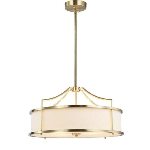 Lampa sufitowa wisząca Stanza w kolorze starego złota z satynowym wykończeniem. Owalny klosz z białym materiałem, zawieszona na cienkim, metalowym pręcie. Wymiary: 55x55x25 cm. Idealna do nowoczesnych wnętrz.