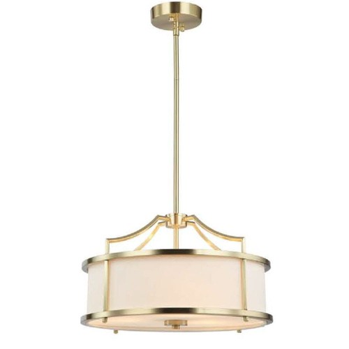Lampa sufitowa wisząca Stanza w kolorze starego złota z satynowym wykończeniem. Okrągła, z białym kloszem, zawieszona na prostym stelażu. Wymiary: 42x42x22 cm. Idealna do nowoczesnych wnętrz.