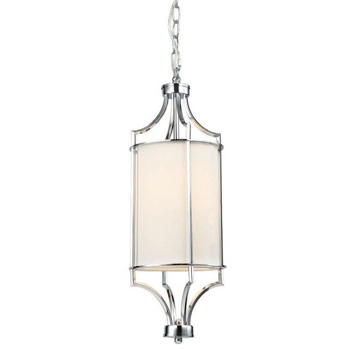 Lampa wisząca Lunga 20x52,4 cm, metal chromowany, owalny biały klosz, zawieszona na przezroczystym łańcuchu. Pokaz frontalny na białym tle, podkreślający design i detale konstrukcji.