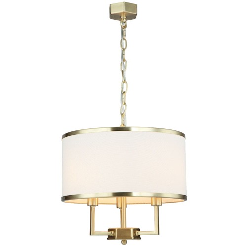 Lampa sufitowa wisząca w stylu retro, z okrągłym kloszem w kolorze satynowym i złotą obręczą. Wymiary: 35,3x30 cm. Zawieszona na złotym łańcuszku, idealna do eleganckich wnętrz. Białe tło klosza zapewnia miękkie światło.
