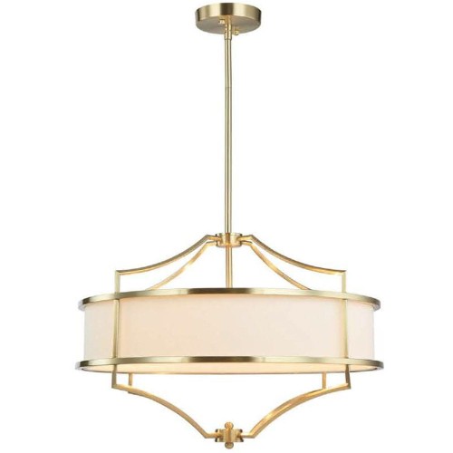 Wisząca lampa sufitowa Stesso w złotym kolorze z satynowym wykończeniem, o wymiarach 55x43,4 cm. Posiada okrągły klosz z białym materiałem, zdobiona eleganckimi detalami. Wisi na cienkim metalowym zawieszeniu.