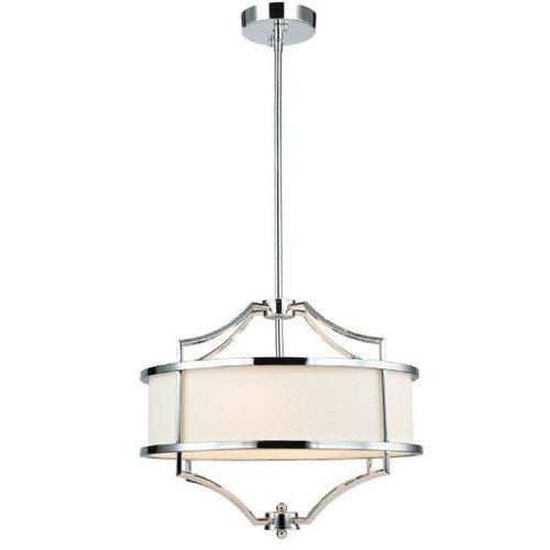 Lampa sufitowa wisząca Stesso o chromowanej konstrukcji, w kształcie okrągłym, z białym abażurem. Wymiary 42x35,1 cm, zawieszona na cienkim, metalowym łańcuszku. Elegancki design z delikatnymi zdobieniami na górze.