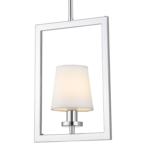Lampa wisząca Luna S 25x12x34 cm z chromowanym metalowym stelażem i białym walcowatym kloszem. Klasyczny design na cienkim przewodzie, idealna do nowoczesnych wnętrz, pokazana z przodu na jednolitym tle.