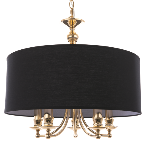 Lampa sufitowa wisząca Volare Libero w kolorze złotym i czarnym, o wymiarach 50x50x45 cm. Okrągły klosz z tkaniny w kolorze czarnym, z metalowymi elementami w złotym wykończeniu, zawieszona na dekoracyjnym łączeniu.