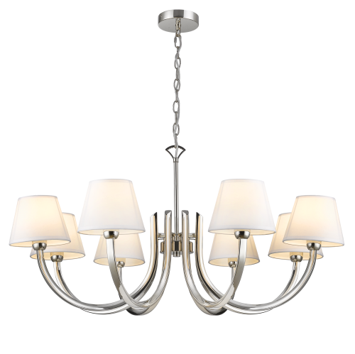 Lampa sufitowa wisząca Armonia w kolorze niklu, o wymiarach 92x92x46 cm, z sześcioma białymi abażurami. Produkt zawieszony, z widocznymi eleganckimi, zakrzywionymi ramionami, tworzącymi nowoczesny projekt. Tło czarne, podkreślające detale lampy.