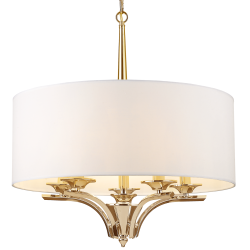 Złota lampa sufitowa wisząca Armonia z białym abażurem. Okrągły abażur z materiału, złote wykończenia, pięć punktów świetlnych. Produkt w pozycji wiszącej, na jednolitym tle. Wymiary 60x60x65 cm.