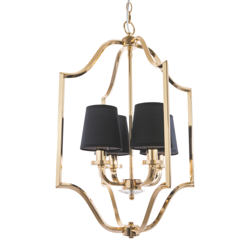 Lampa sufitowa wisząca Ventalio w kolorze złotym z czarnymi abażurami. Wymiary 46x46x67 cm, z elegancką, metalową konstrukcją i czterema źródłami światła. Stylowy design z delikatnymi krzywiznami, idealna do nowoczesnych wnętrz.