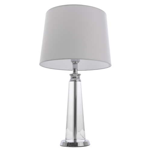 Lampa stołowa Napoli w chromie i białym abażurze. Stojąca konstrukcja z przejrzystego materiału, wysoka na 62 cm. Abażur o okrągłym kształcie w kolorze białym, elegancko zestawiony z metalową podstawą. Produkt na jednolitym tle.
