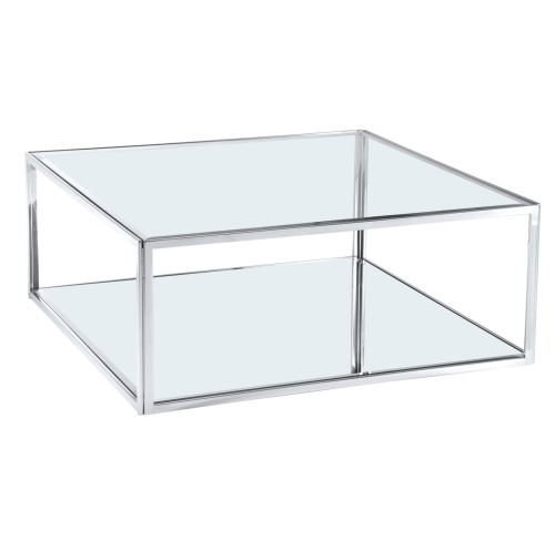 Stolik kawowy Verona, prostokątny, szklany blat, chromowana rama metalowa, wymiary 100x100x40 cm, widok z boku na białym tle, minimalistyczny design, bez napisów i logotypów.