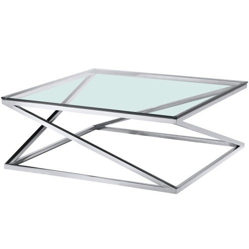 Stolik kawowy Sereno o wymiarach 100x100x39 cm. Produkt z kwadratowym blatem ze szkła, osadzony na metalowej, chromowanej podstawie z krzyżującymi się nogami. Ujęcie z boku, na jednolitym tle.