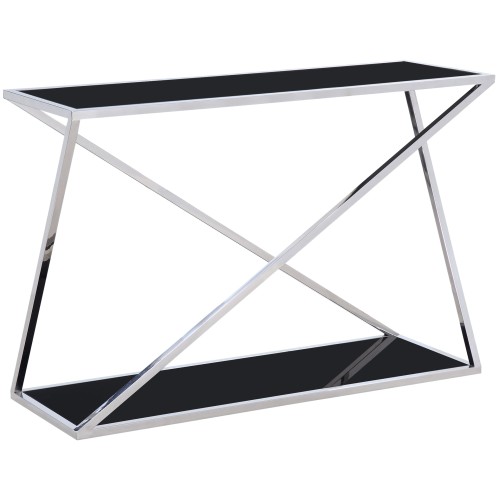 Konsola Imperial w kolorze czarnym i chromowanym, o wymiarach 120x40x80 cm. Posiada prostokątny, gładki blat oraz geometryczną, krzyżową konstrukcję z metalowymi nogami. Idealna jako elegancki element wystroju wnętrza.